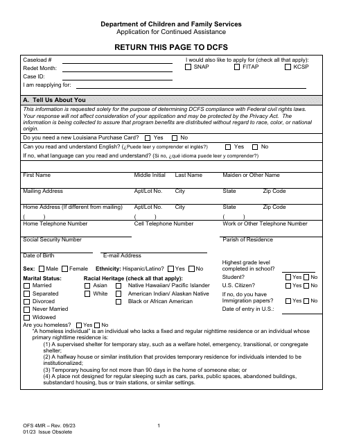 Form OFS4MR Application for Continued Assistance - Louisiana
