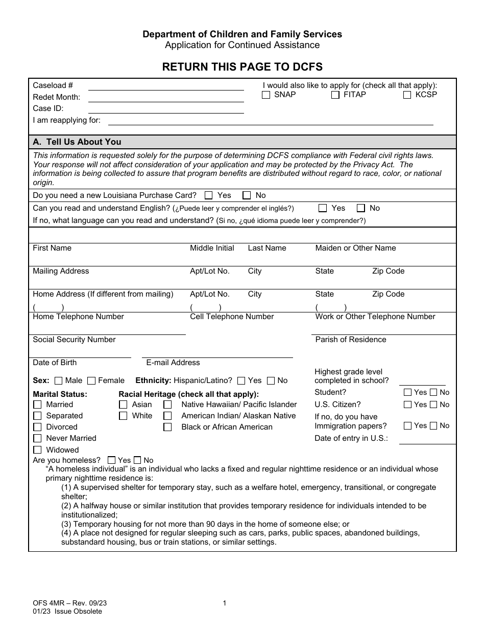 Form OFS4MR Application for Continued Assistance - Louisiana, Page 1