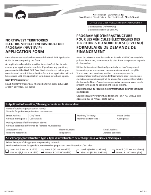 Form NWT9341 Application Form - Northwest Territories Electric Vehicle Infrastructure Program (Nwt Evip) - Northwest Territories, Canada (English/French)