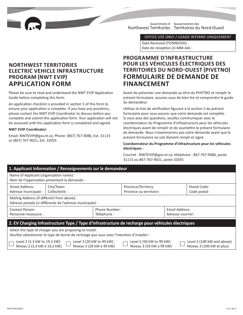 Form NWT9341 Application Form - Northwest Territories Electric Vehicle Infrastructure Program (Nwt Evip) - Northwest Territories, Canada (English / French), Page 1