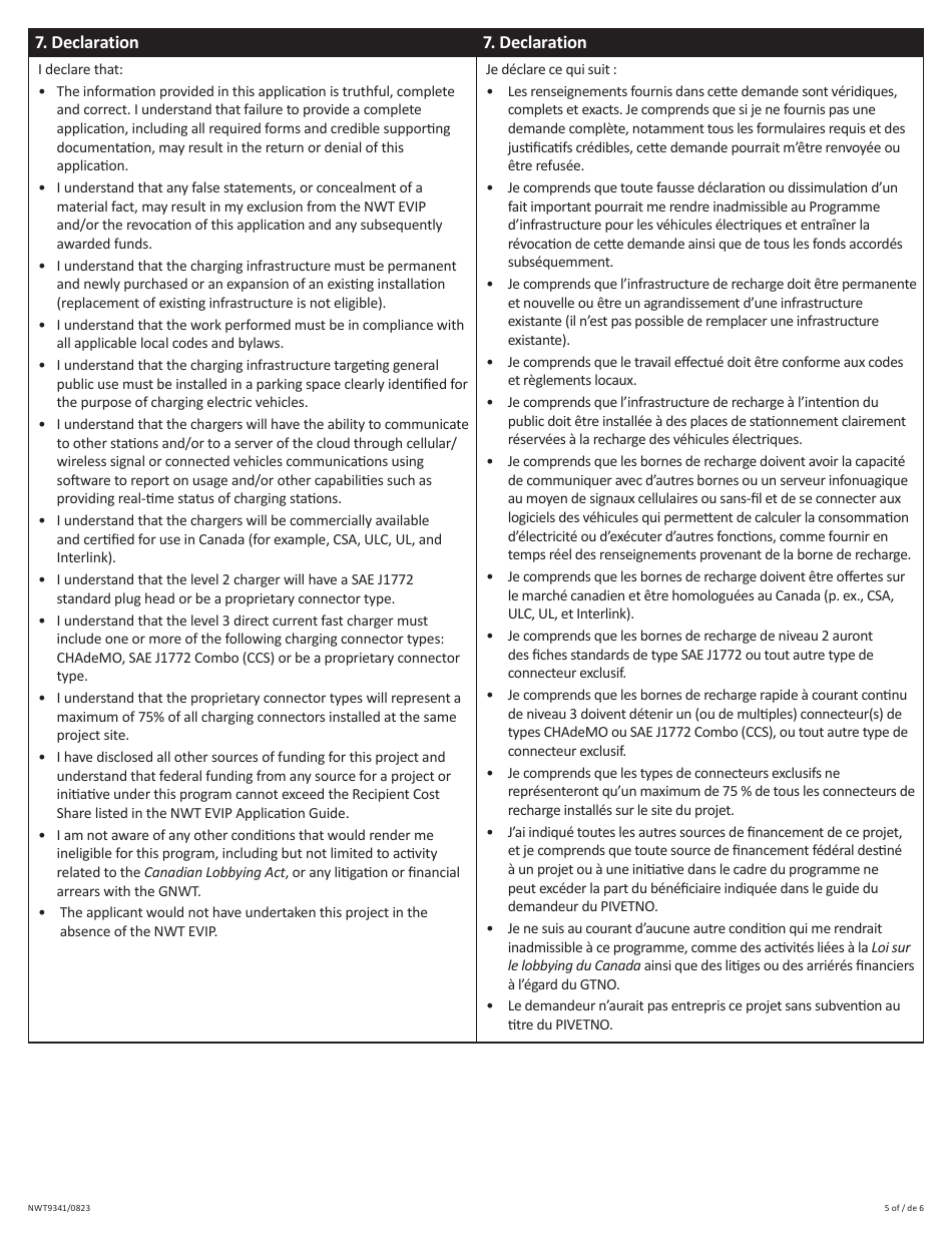 Form NWT9341 Application Form - Northwest Territories Electric Vehicle Infrastructure Program (Nwt Evip) - Northwest Territories, Canada (English / French), Page 5