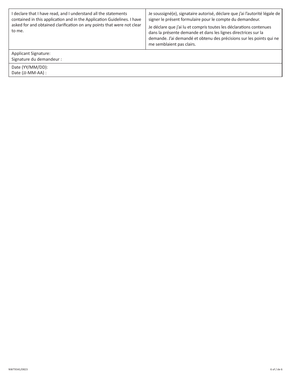 Form NWT9341 Application Form - Northwest Territories Electric Vehicle Infrastructure Program (Nwt Evip) - Northwest Territories, Canada (English / French), Page 6