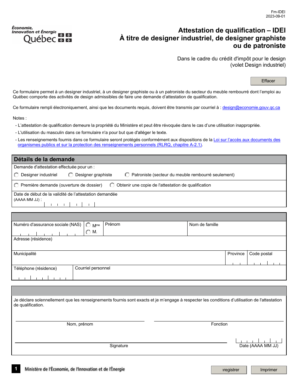 Forme FM-IDEI Attestation De Qualification - Idei a Titre De Designer Industriel, De Designer Graphiste Ou De Patroniste - Quebec, Canada (French), Page 1