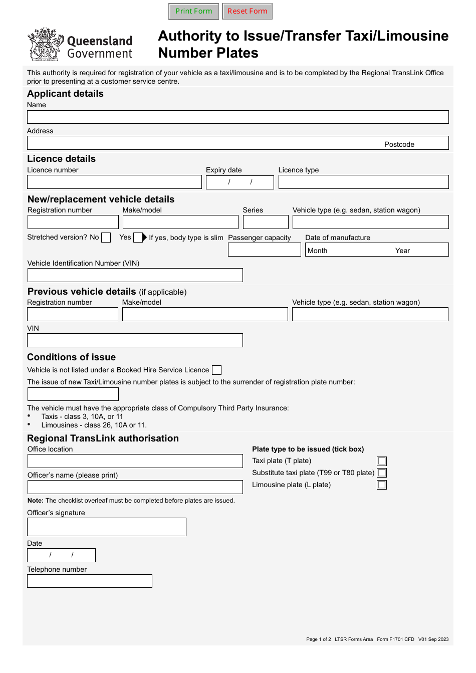 Form F1701 Authority to Issue / Transfer Taxi / Limousine Number Plates - Queensland, Australia, Page 1