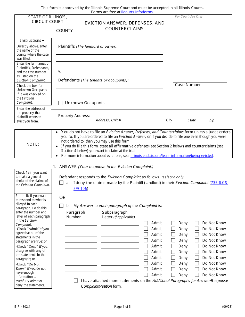 Form E-R4802.1 Eviction Answer, Defenses, and Counterclaims - Illinois, Page 1