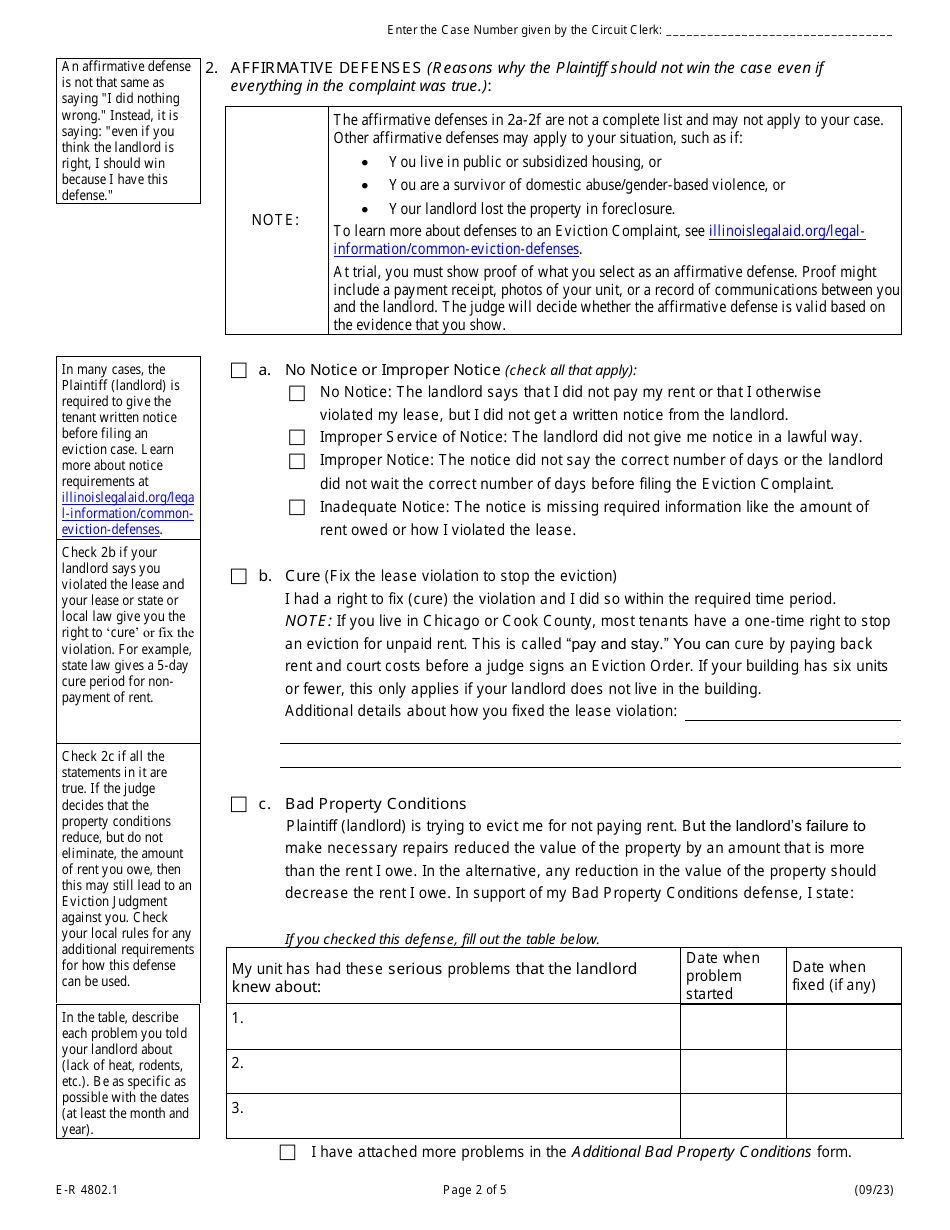 Form E-R4802.1 Eviction Answer, Defenses, and Counterclaims - Illinois, Page 2
