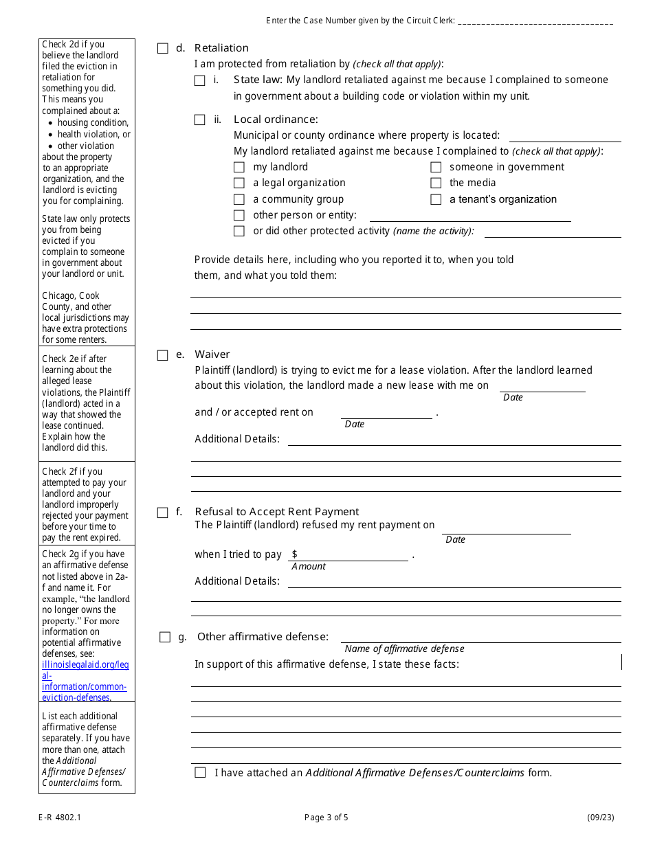 Form E-R4802.1 Eviction Answer, Defenses, and Counterclaims - Illinois, Page 3