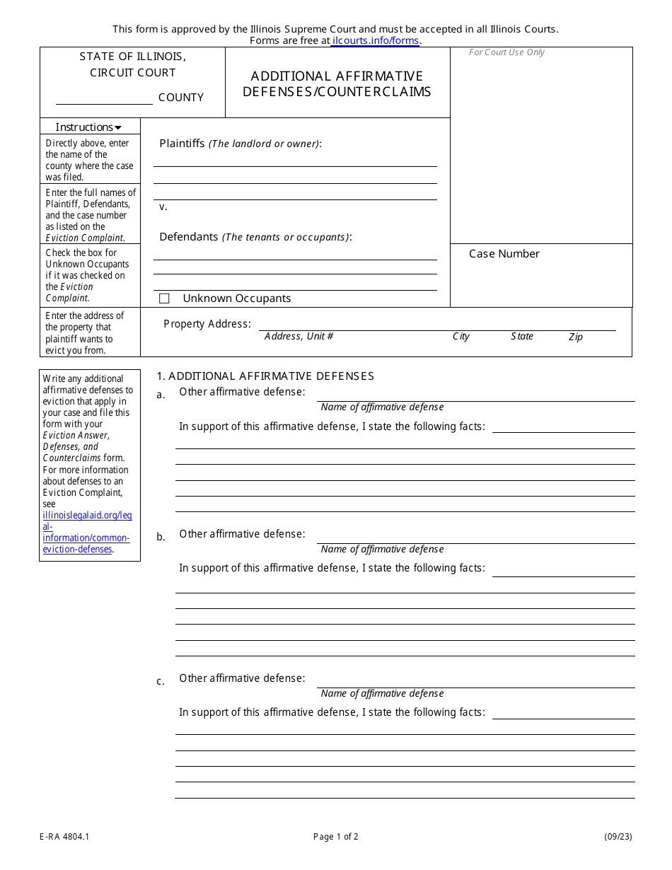 Form E-RA4804.1 Additional Affirmative Defenses / Counterclaims - Illinois, Page 1