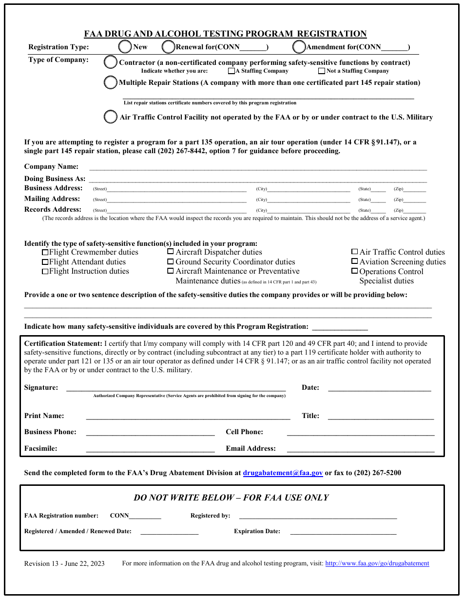 FAA Drug and Alcohol Testing Program Registration, Page 1