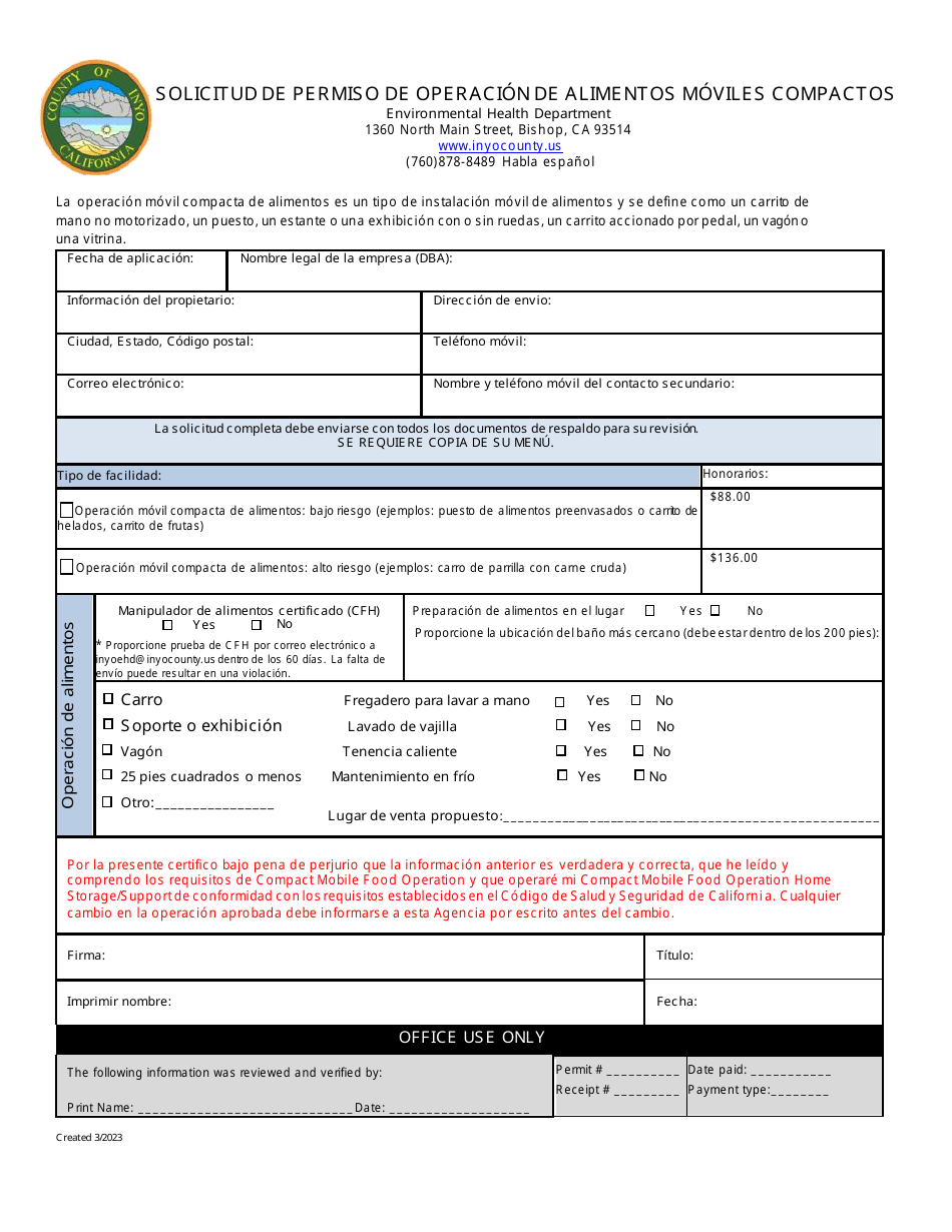 Solicitud De Permiso De Operacion De Alimentos Moviles Compactos - Inyo County, California (Spanish), Page 1