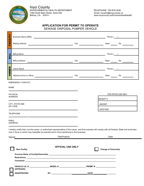 Application for Permit to Operate - Sewage Disposal Pumper Vehicle - Inyo County, California Download Pdf