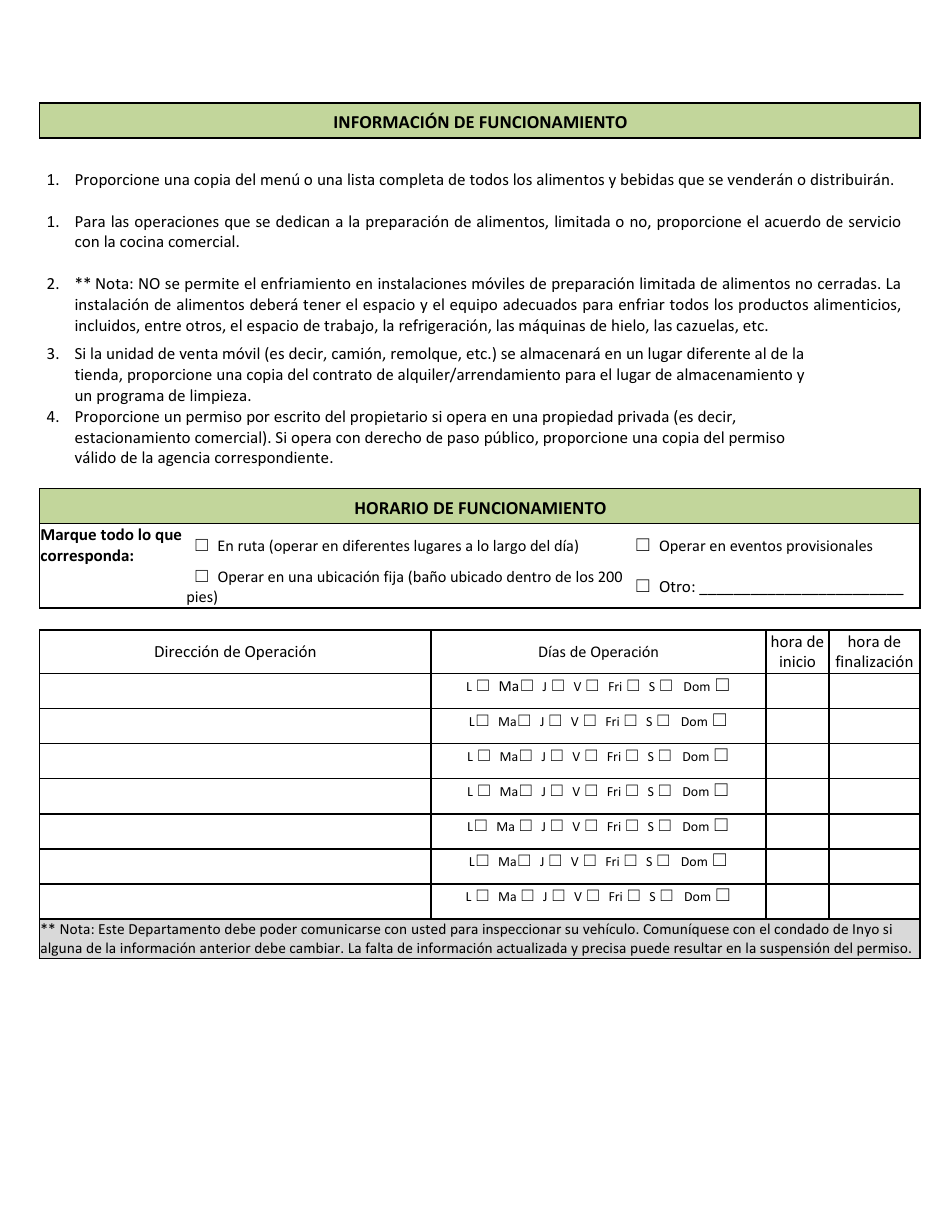 Instalacion Movil De Alimentos (Mff) Solicitud De Permiso De Funcionamiento - Inyo County, California (Spanish), Page 2