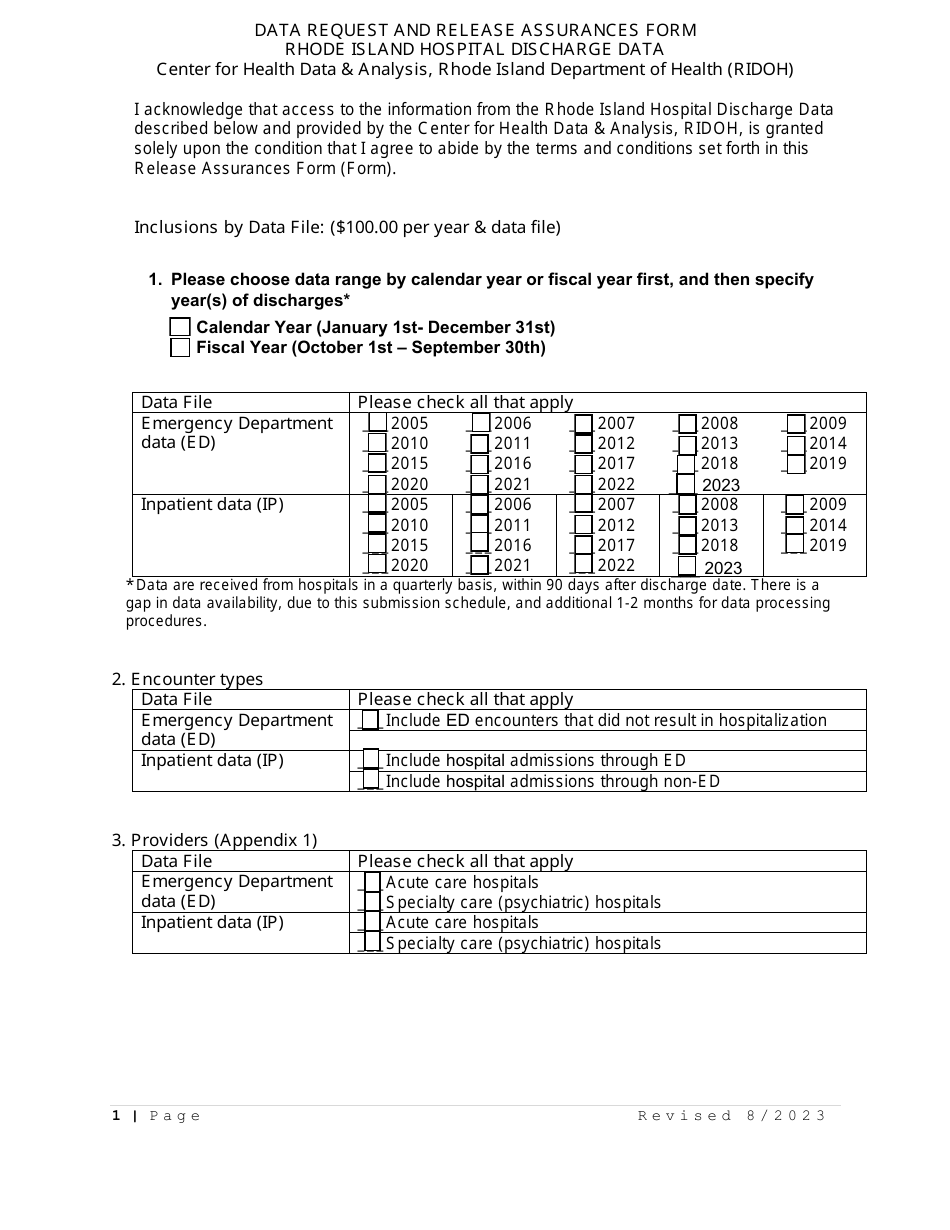 Data Request and Release Assurances Form - Hospital Discharge Data - Rhode Island, Page 1