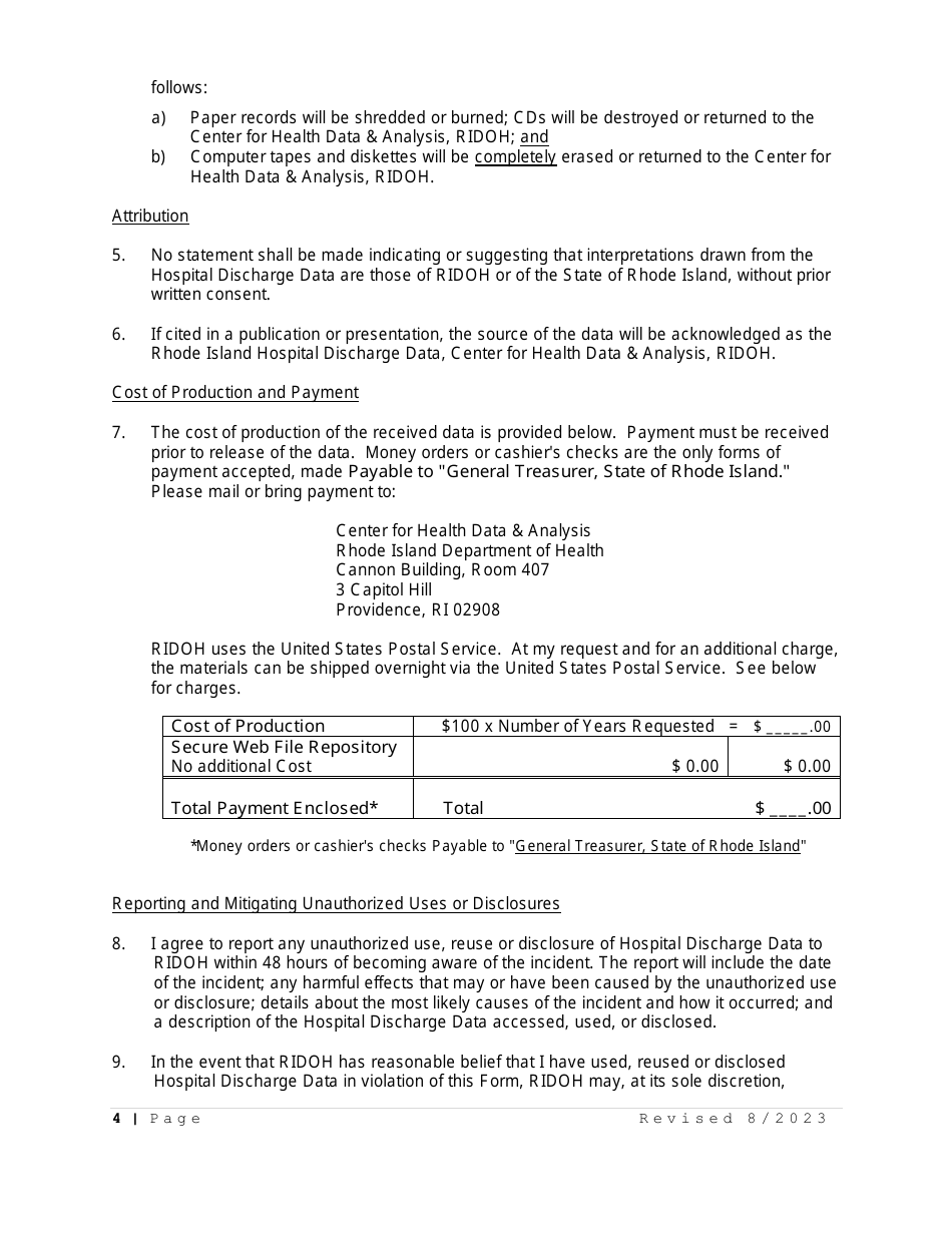 Data Request and Release Assurances Form - Hospital Discharge Data - Rhode Island, Page 4