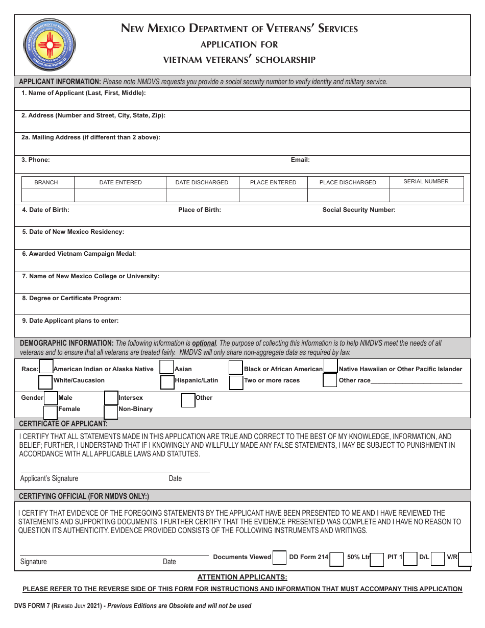 DVS Form 7 Application for Vietnam Veterans Scholarship - New Mexico, Page 1