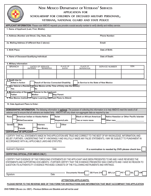 DVS Form 6 Application for Scholarship for Children of Deceased Military Personnel, Veterans, National Guard and State Police - New Mexico