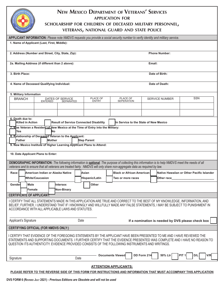 DVS Form 6 Application for Scholarship for Children of Deceased Military Personnel, Veterans, National Guard and State Police - New Mexico, Page 1