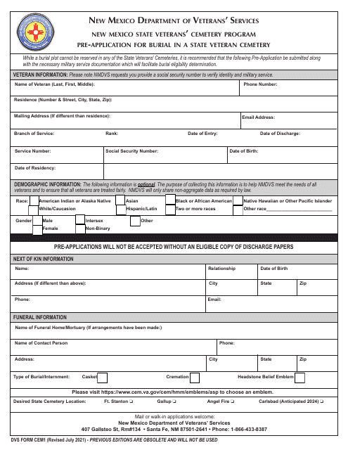 DVS Form CEM1 Pre-application for Burial in a State Veteran Cemetery - New Mexico State Veterans' Cemetery Program - New Mexico