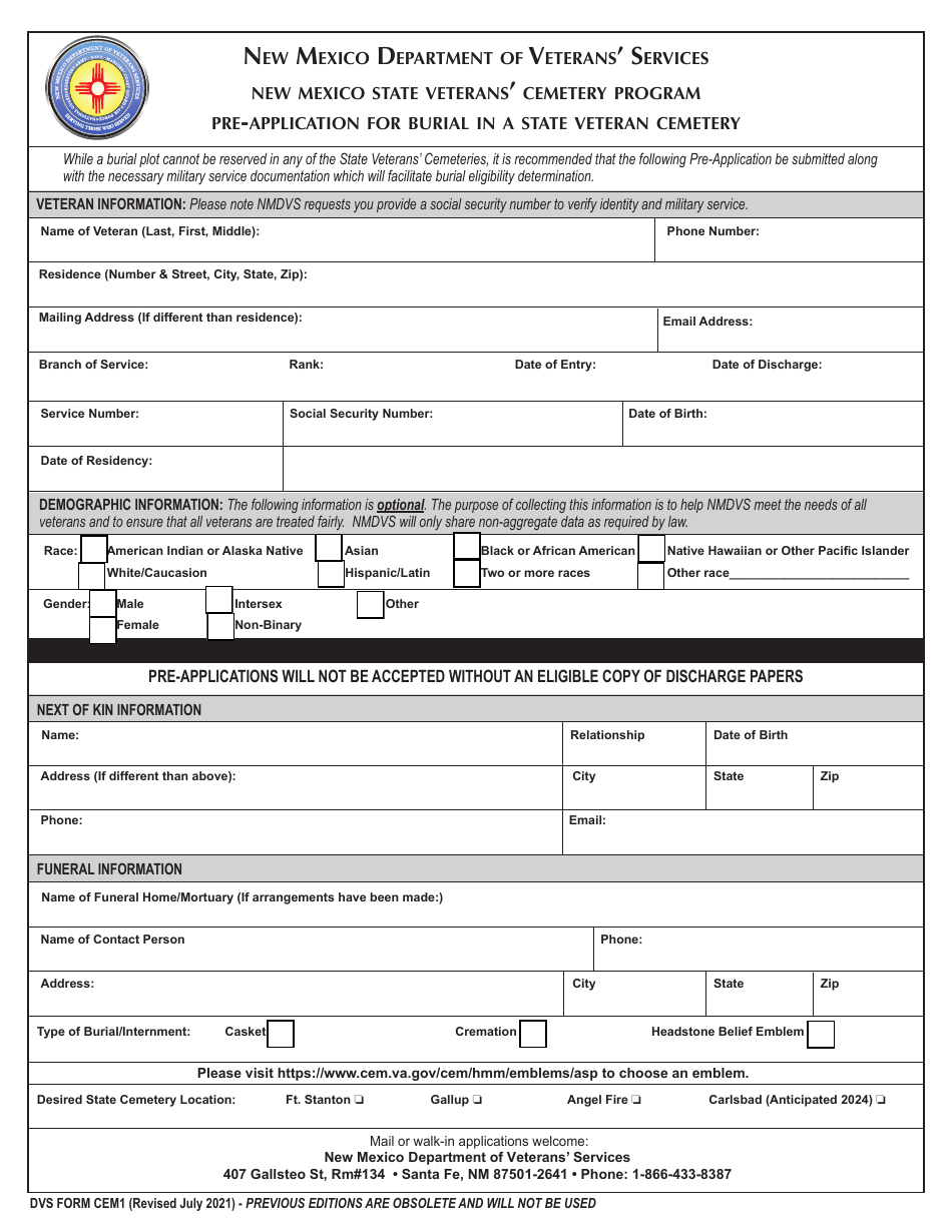 DVS Form CEM1 Pre-application for Burial in a State Veteran Cemetery - New Mexico State Veterans Cemetery Program - New Mexico, Page 1