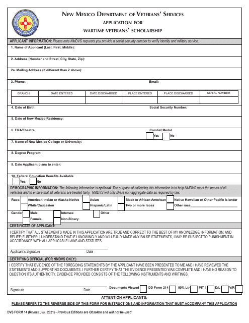 DVS Form 14 Application for Wartime Veterans' Scholarship - New Mexico