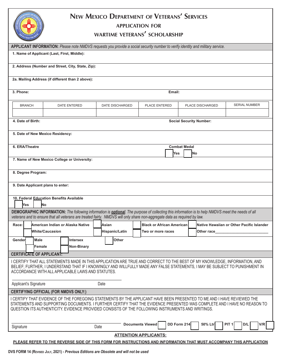 DVS Form 14 Application for Wartime Veterans Scholarship - New Mexico, Page 1