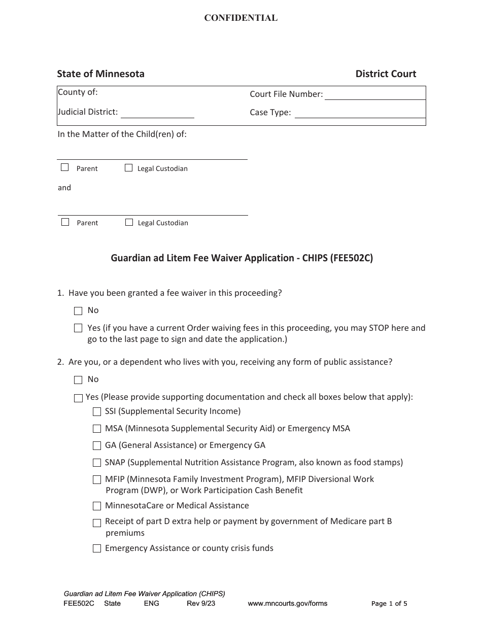 Form FEE502C Guardian Ad Litem Fee Waiver Application - Chips - Minnesota, Page 1