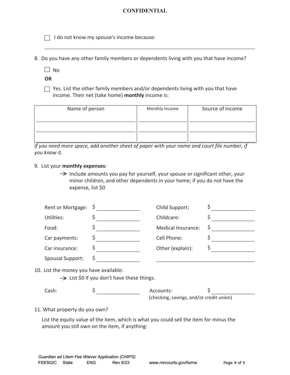 Form FEE502C Guardian Ad Litem Fee Waiver Application - Chips - Minnesota, Page 4