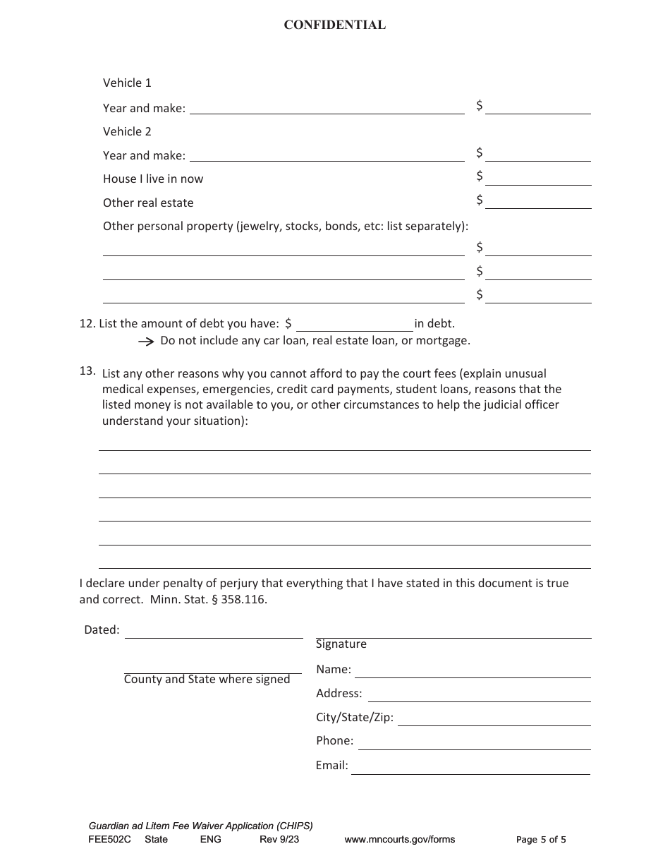 Form FEE502C Guardian Ad Litem Fee Waiver Application - Chips - Minnesota, Page 5