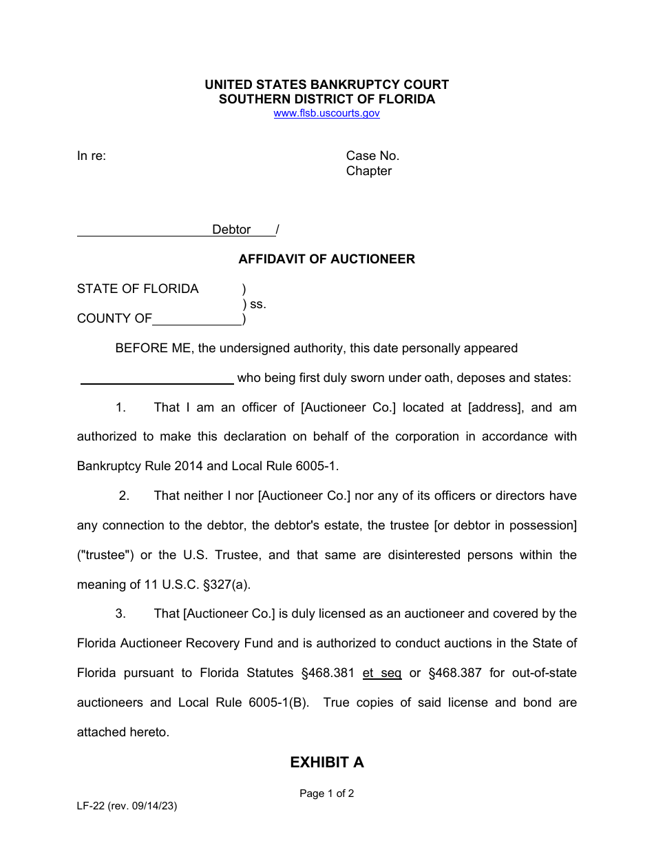 Form LF-22 Affidavit of Auctioneer - Florida, Page 1