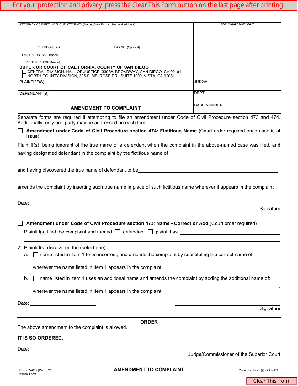 Form CIV-012 Download Fillable PDF or Fill Online Amendment to ...