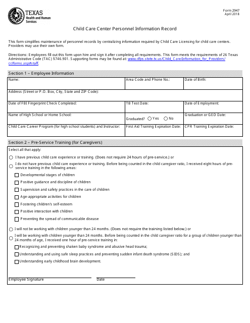 Form 2947 Child Care Center Personnel Information Record - Texas