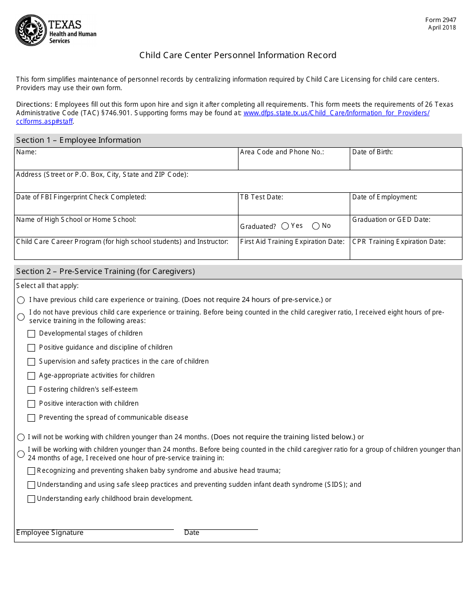Form 2947 Child Care Center Personnel Information Record - Texas, Page 1