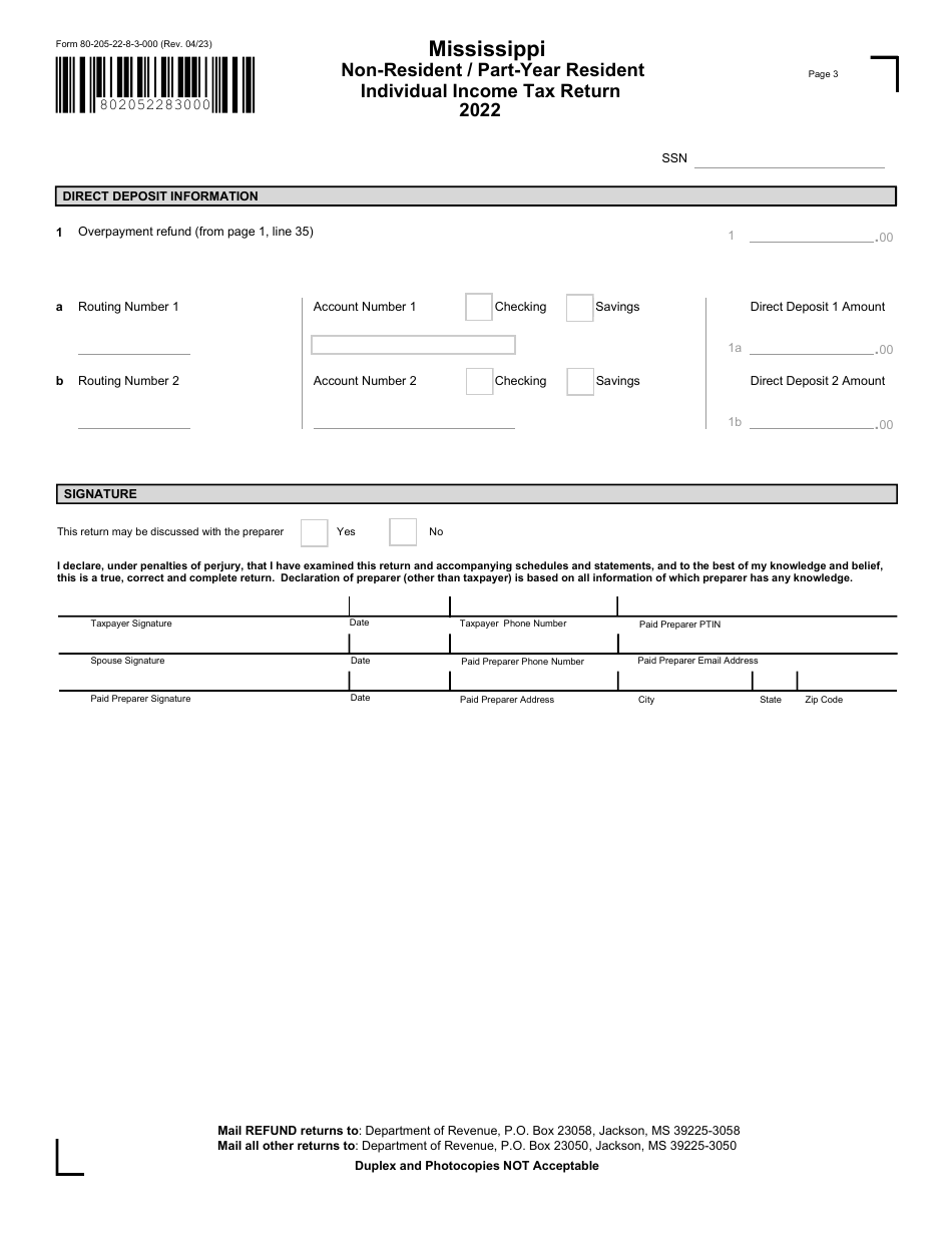 Form 80-205 Non-resident / Part-Year Resident Individual Income Tax Return - Mississippi, Page 3