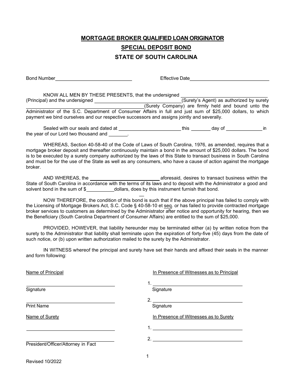 Mortgage Broker Qualified Loan Originator Special Deposit Bond - South Carolina, Page 1