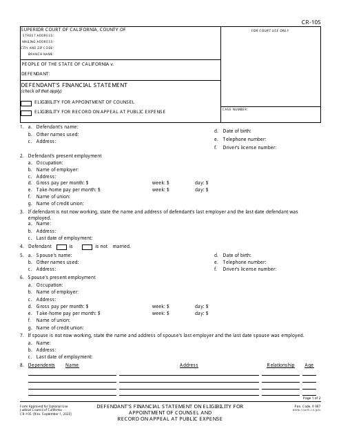 Form CR-105 Defendant's Financial Statement on Eligibility for Appointment of Counsel and Reimbursement and Record on Appeal at Public Expense - California