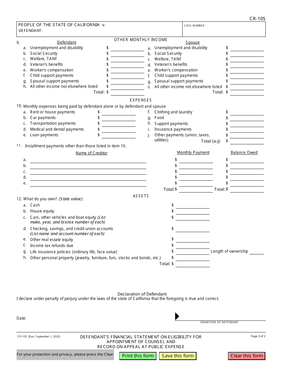 Form CR-105 Download Fillable PDF or Fill Online Defendant's Financial ...