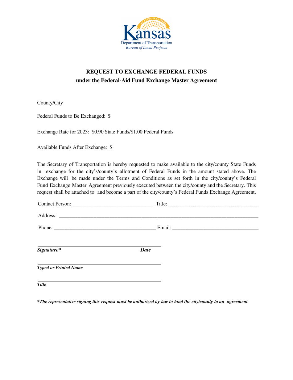Request to Exchange Federal Funds Under the Federal-Aid Fund Exchange Master Agreement - Kansas, Page 1