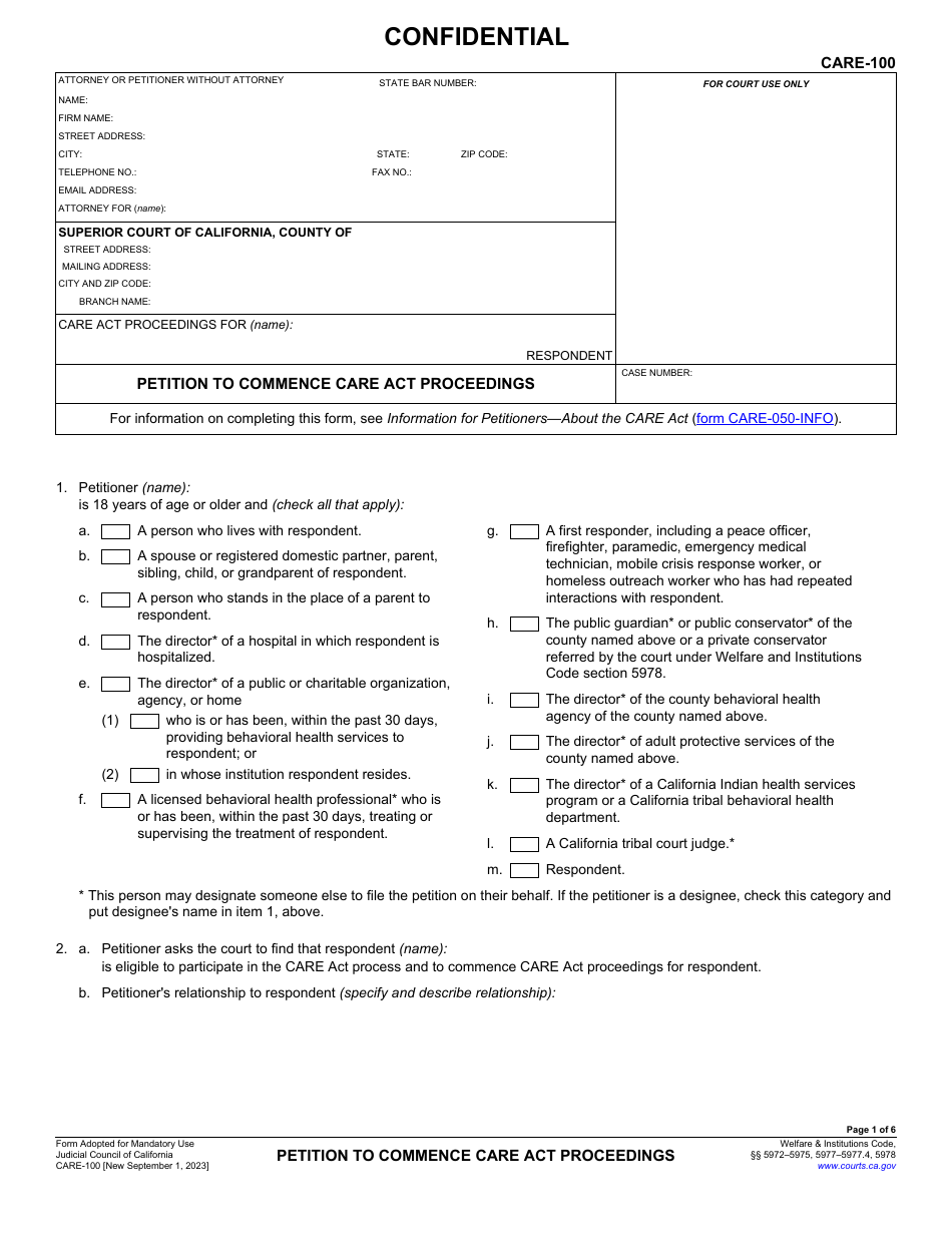 Form CARE-100 Petition to Commence Care Act Proceedings - California, Page 1