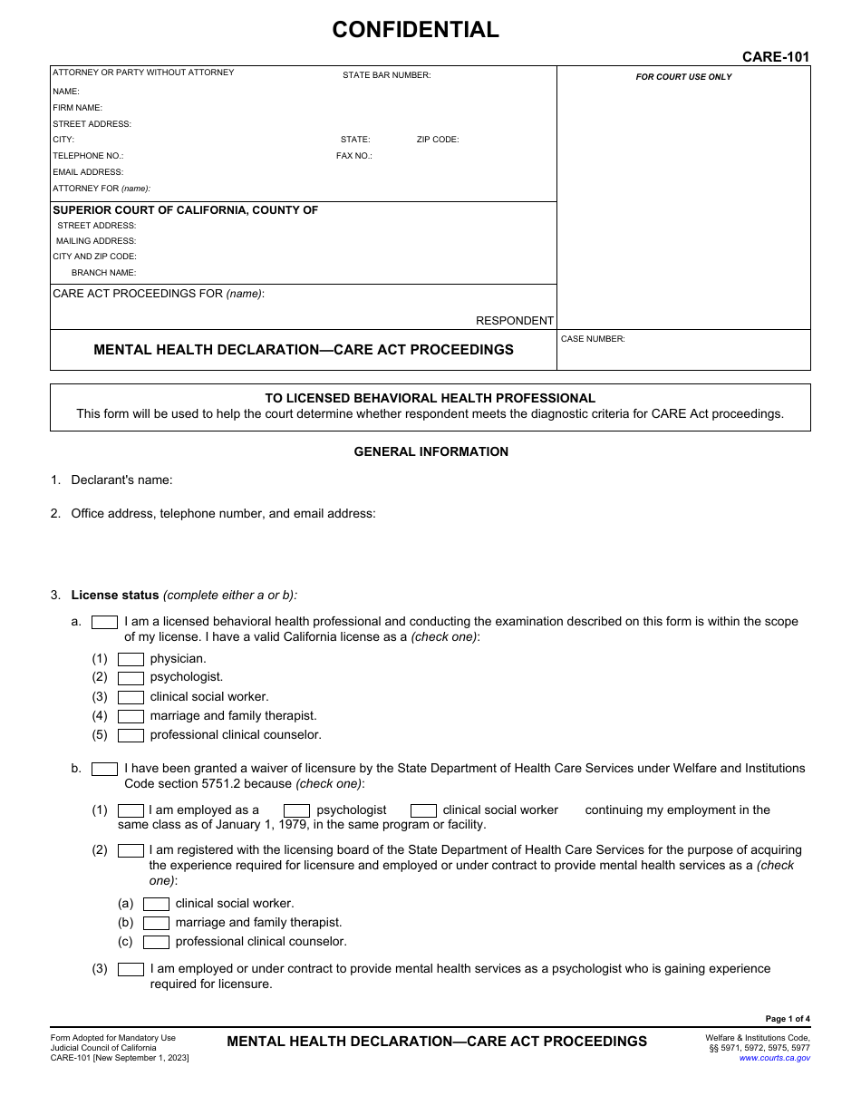 Form CARE-101 Mental Health Declaration - Care Act Proceedings - California, Page 1