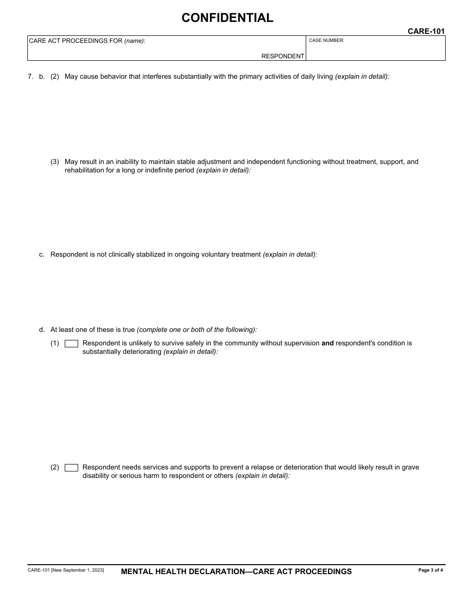 Form CARE-101 Mental Health Declaration - Care Act Proceedings - California, Page 3