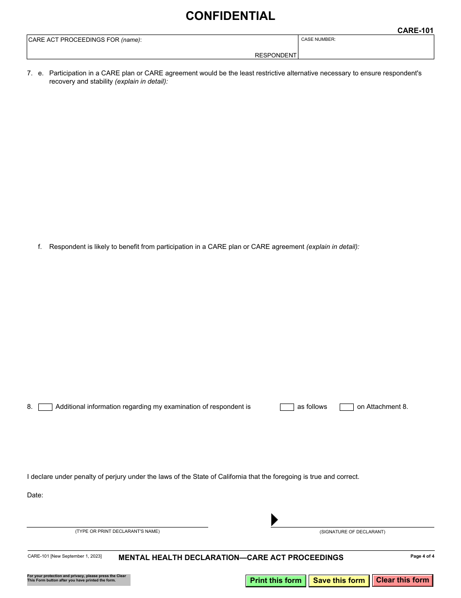 Form CARE-101 Mental Health Declaration - Care Act Proceedings - California, Page 4