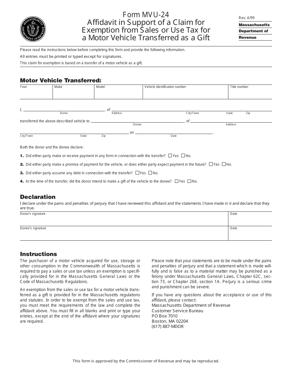 Form MVU-24 Affidavit in Support of a Claim for Exemption From Sales or Use Tax for a Motor Vehicle Transferred as a Gift - Massachusetts, Page 1