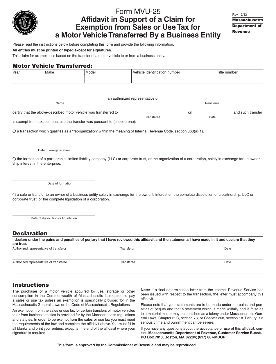 Form MVU25 Fill Out, Sign Online and Download Fillable PDF