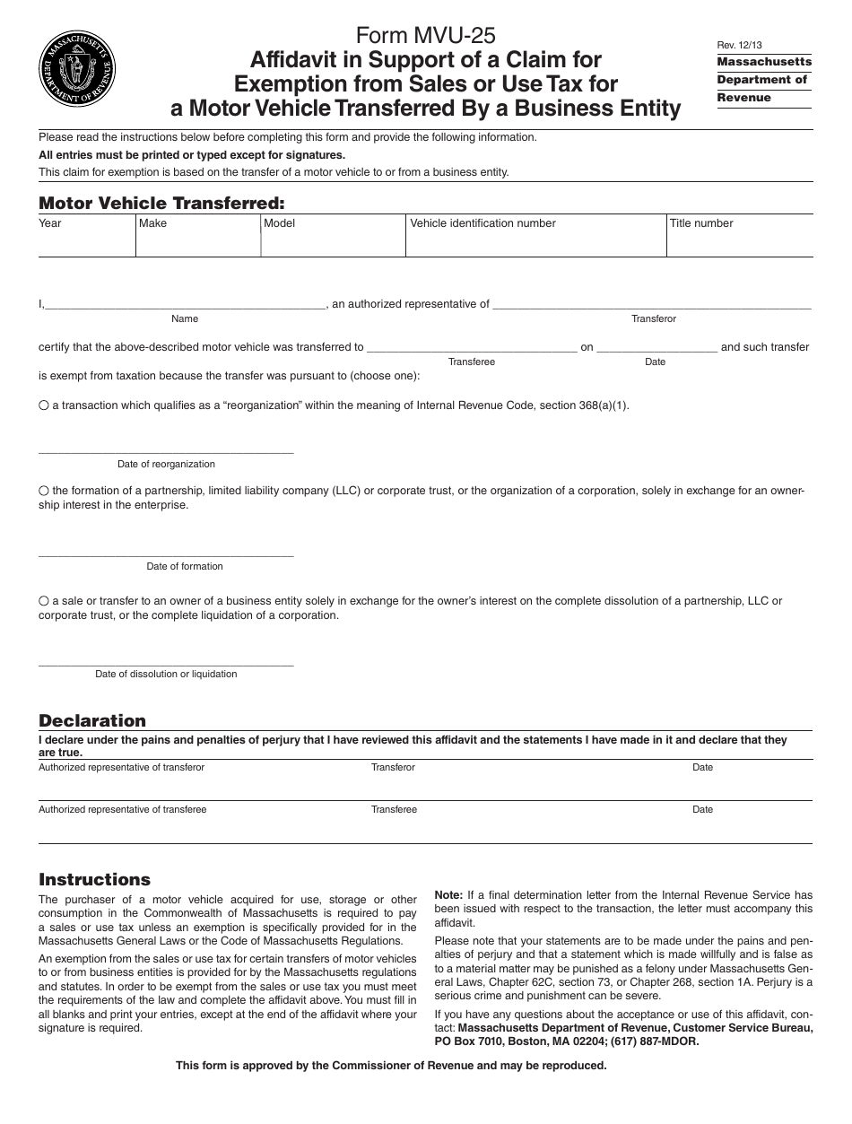 Form MVU-25 Affidavit in Support of a Claim for Exemption From Sales or Use Tax for a Motor Vehicle Transferred by a Business Entity - Massachusetts, Page 1
