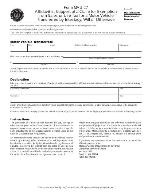 Form MVU-27  Printable Pdf