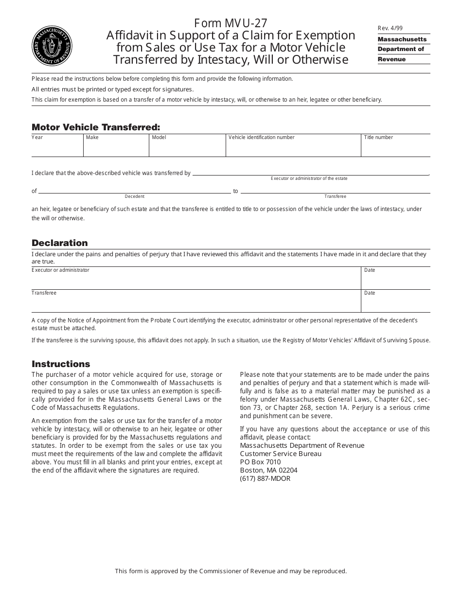 Form MVU-27 Affidavit in Support of a Claim for Exemption From Sales or Use Tax for a Motor Vehicle Transferred by Intestacy, Will or Otherwise - Massachusetts, Page 1