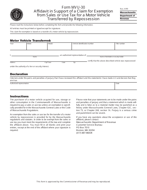 Form MVU-30  Printable Pdf