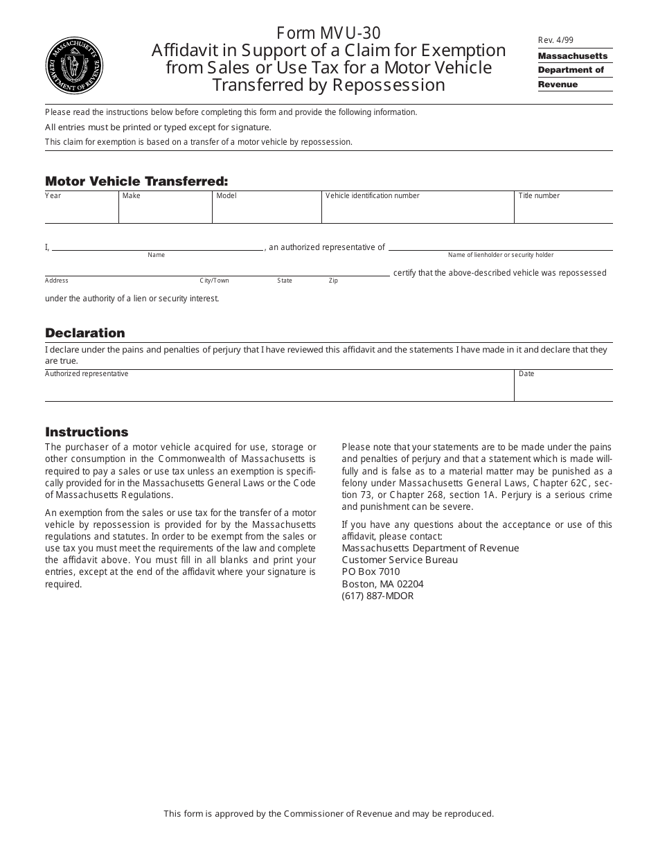 Form MVU-30 Affidavit in Support of a Claim for Exemption From Sales or Use Tax for a Motor Vehicle Transferred by Repossession - Massachusetts, Page 1