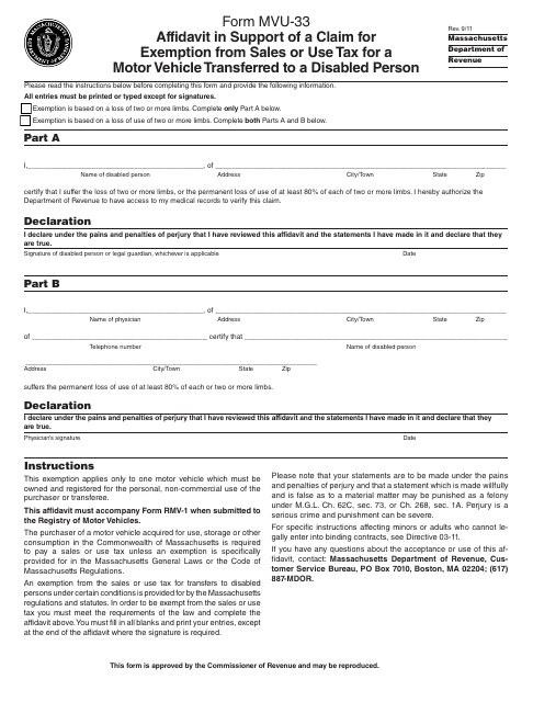 Form MVU-33 Affidavit in Support of a Claim for Exemption From Sales or Use Tax for a Motor Vehicle Transferred to a Disabled Person - Massachusetts