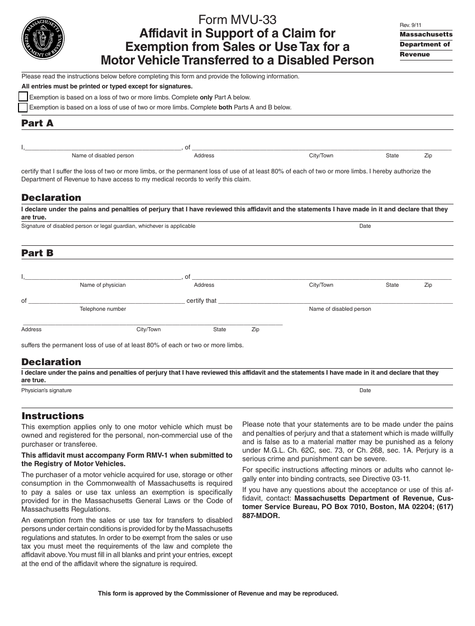 Form MVU-33 Affidavit in Support of a Claim for Exemption From Sales or Use Tax for a Motor Vehicle Transferred to a Disabled Person - Massachusetts, Page 1